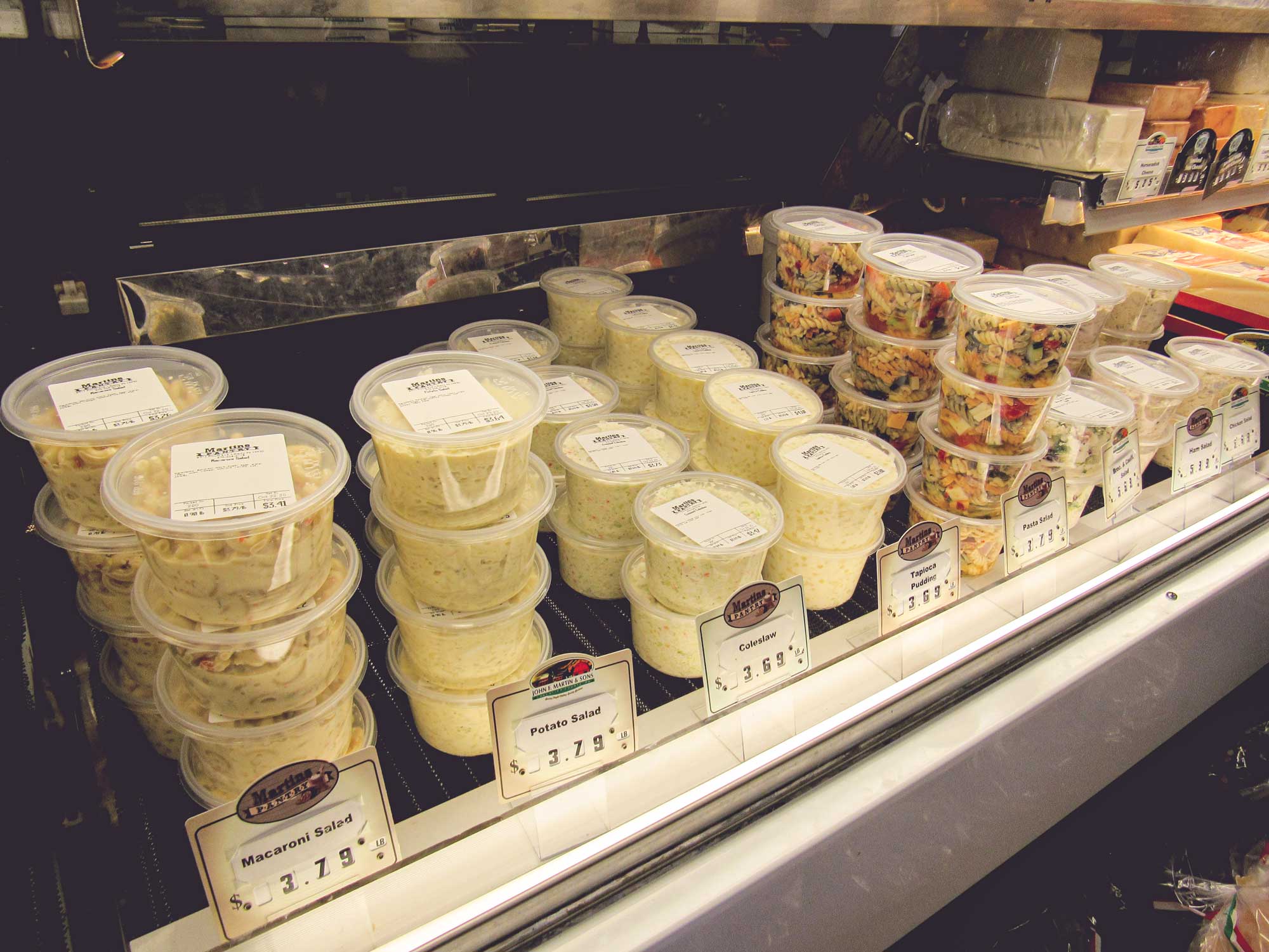 Potato, macaroni, and pasta salad in deli